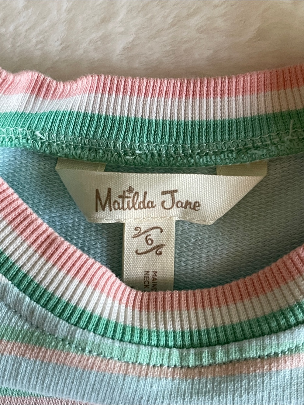 Matilda Jane Girls Aqua Stripe & Polka Dot Dress with Pink & Green trim SZ 6 - Picture 2 of 4